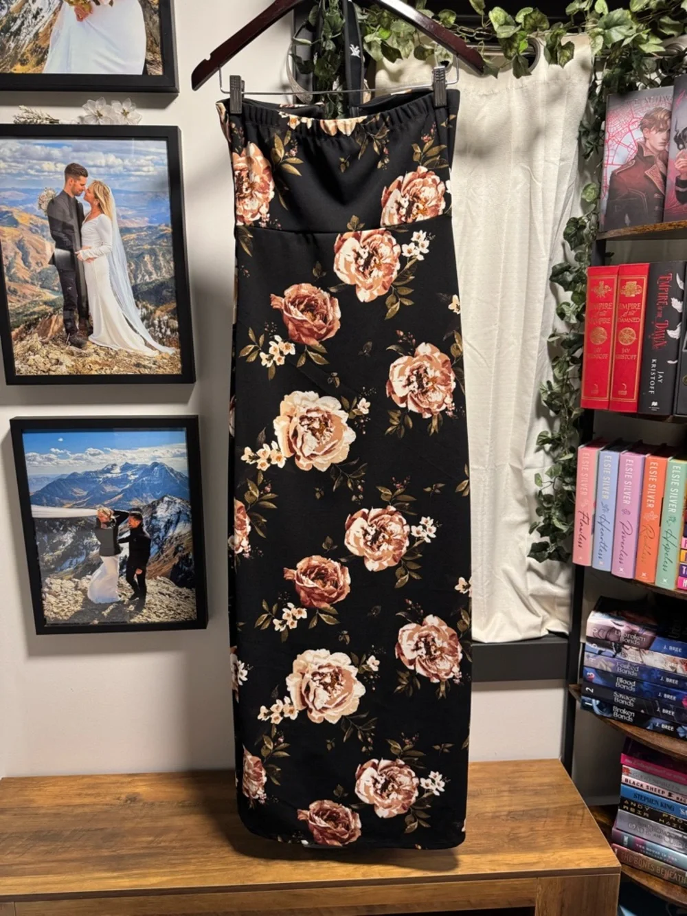 SCOBE Strapless Black Floral Hi-Low Midi Dress with Rose Print 💕 Romantic - Picture 8 of 10